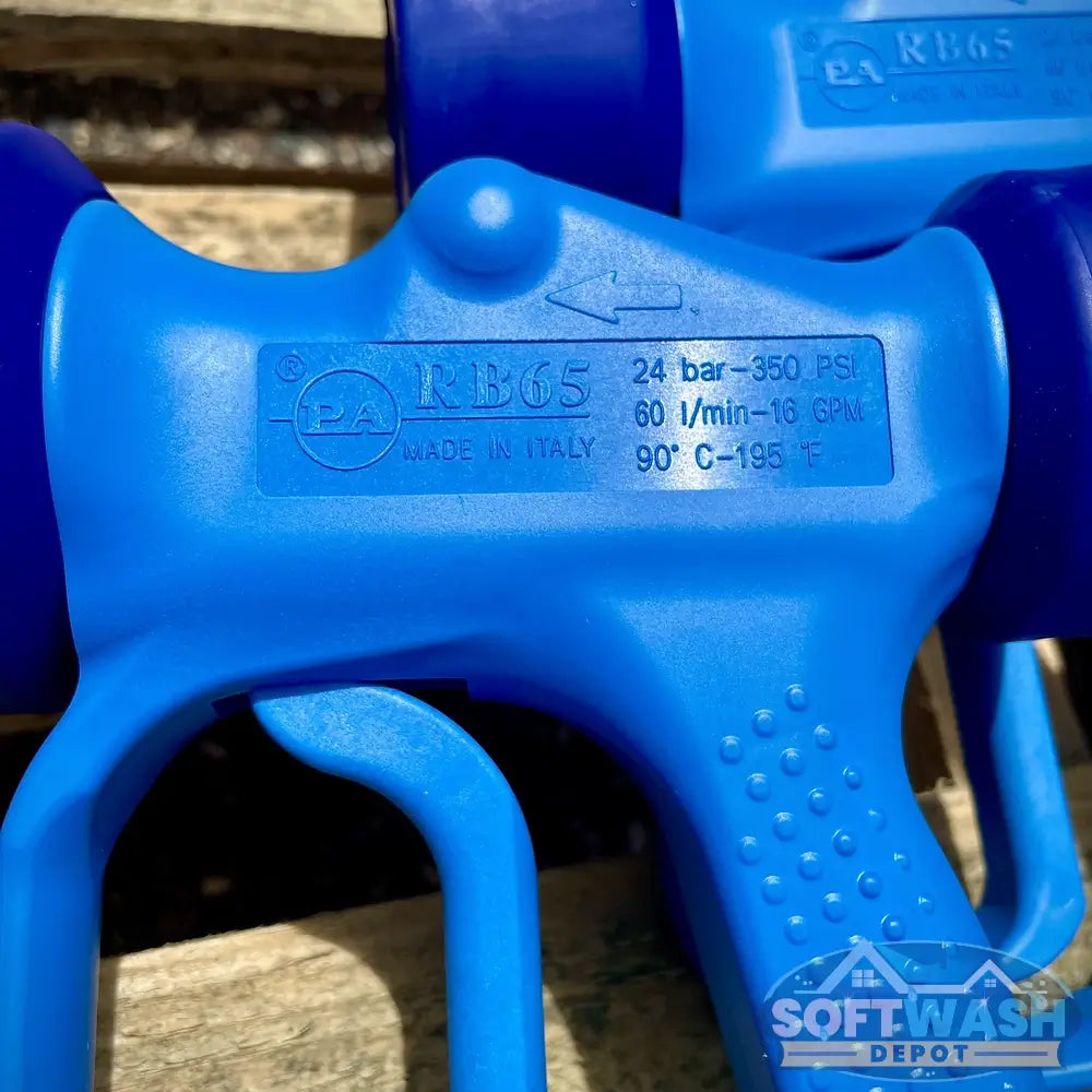 General Pump blue soft wash gun with ergonomic grip and chemical-resistant design for roof cleaning, siding wash, and low-pressure detergent application. - Soft Wash Depot