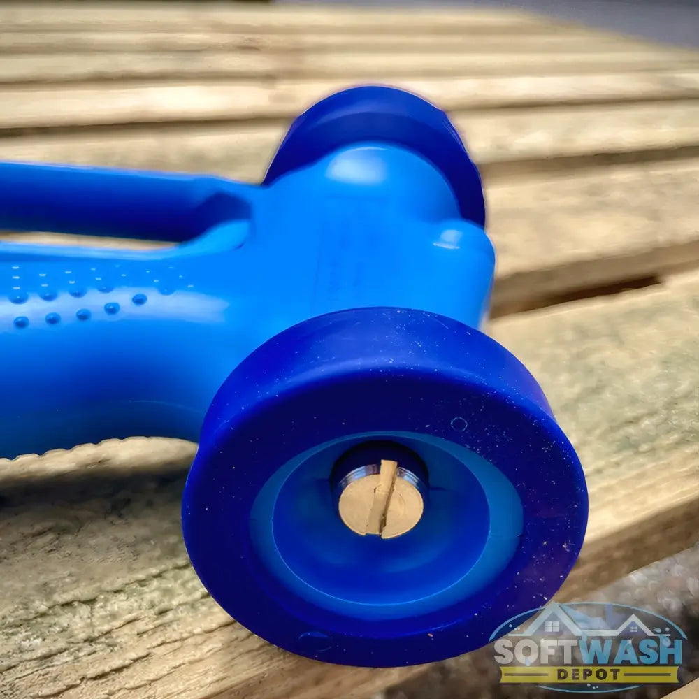 General Pump blue soft wash gun with ergonomic grip and chemical-resistant design for roof cleaning, siding wash, and low-pressure detergent application. - Soft Wash Depot