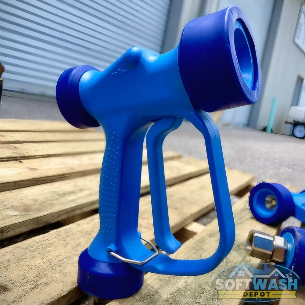 General Pump blue soft wash gun with ergonomic grip and chemical-resistant design for roof cleaning, siding wash, and low-pressure detergent application. - Soft Wash Depot