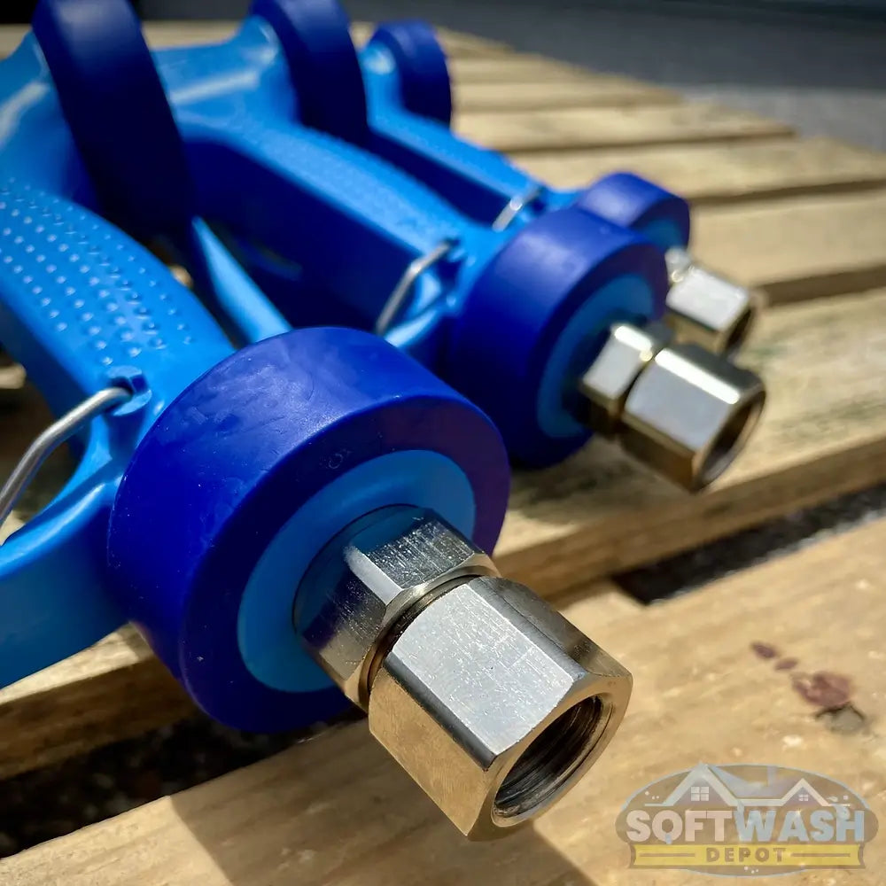 General Pump blue soft wash gun with ergonomic grip and chemical-resistant design for roof cleaning, siding wash, and low-pressure detergent application. - Soft Wash Depot