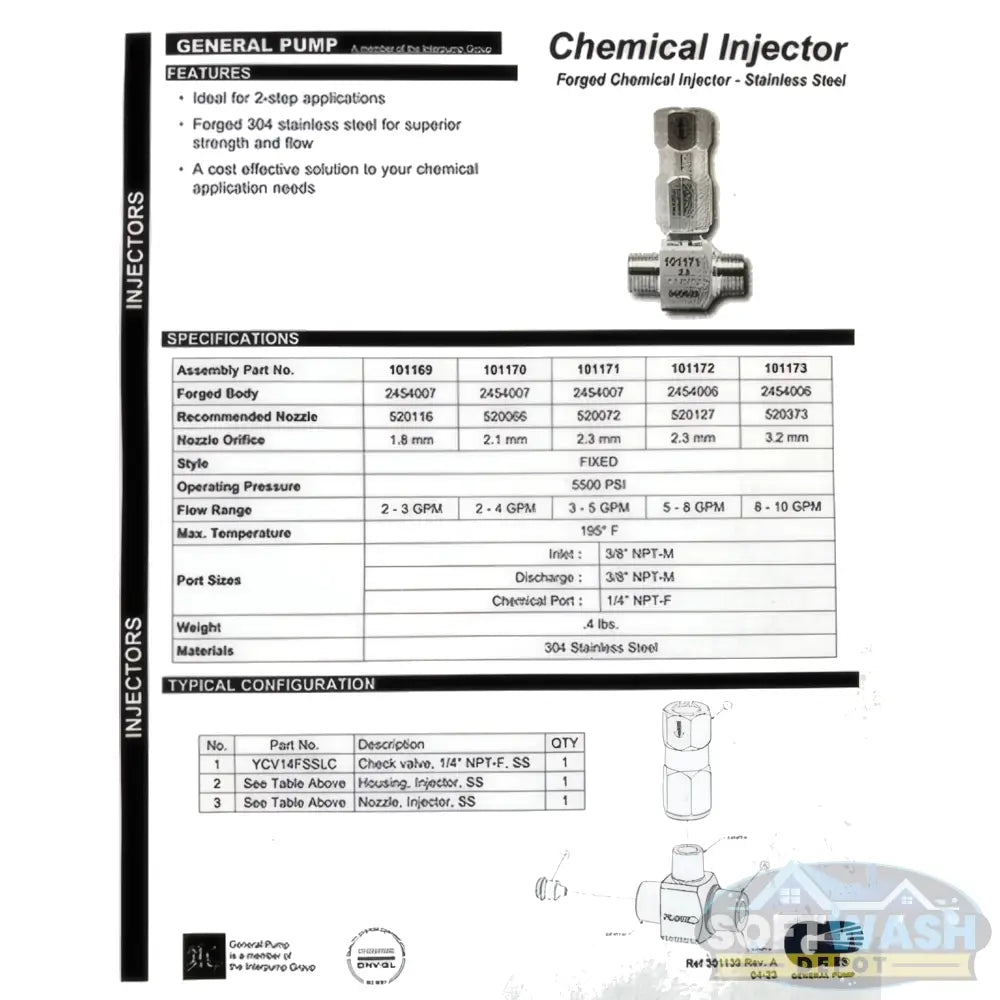 General Pump forged stainless steel chemical injector with check valve for pressure washers. - Soft Wash Depot