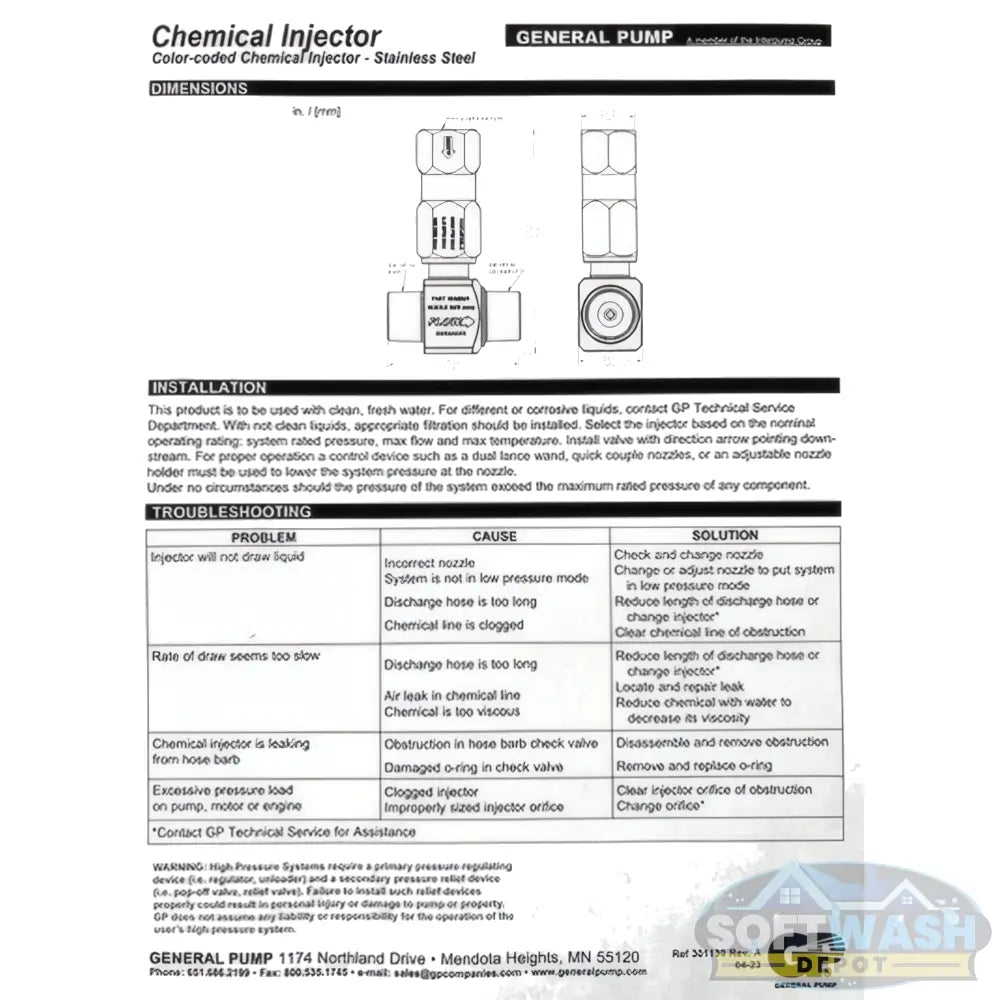 General Pump forged stainless steel chemical injector with check valve for pressure washers. - Soft Wash Depot