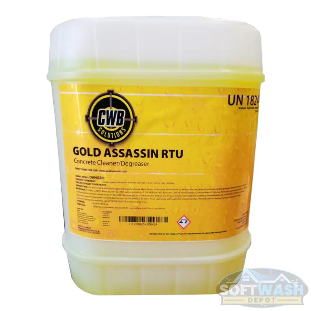 Gold Assassin heavy duty degreaser removing oil and grease from decorative concrete and stone flooring. - Soft Wash Depot