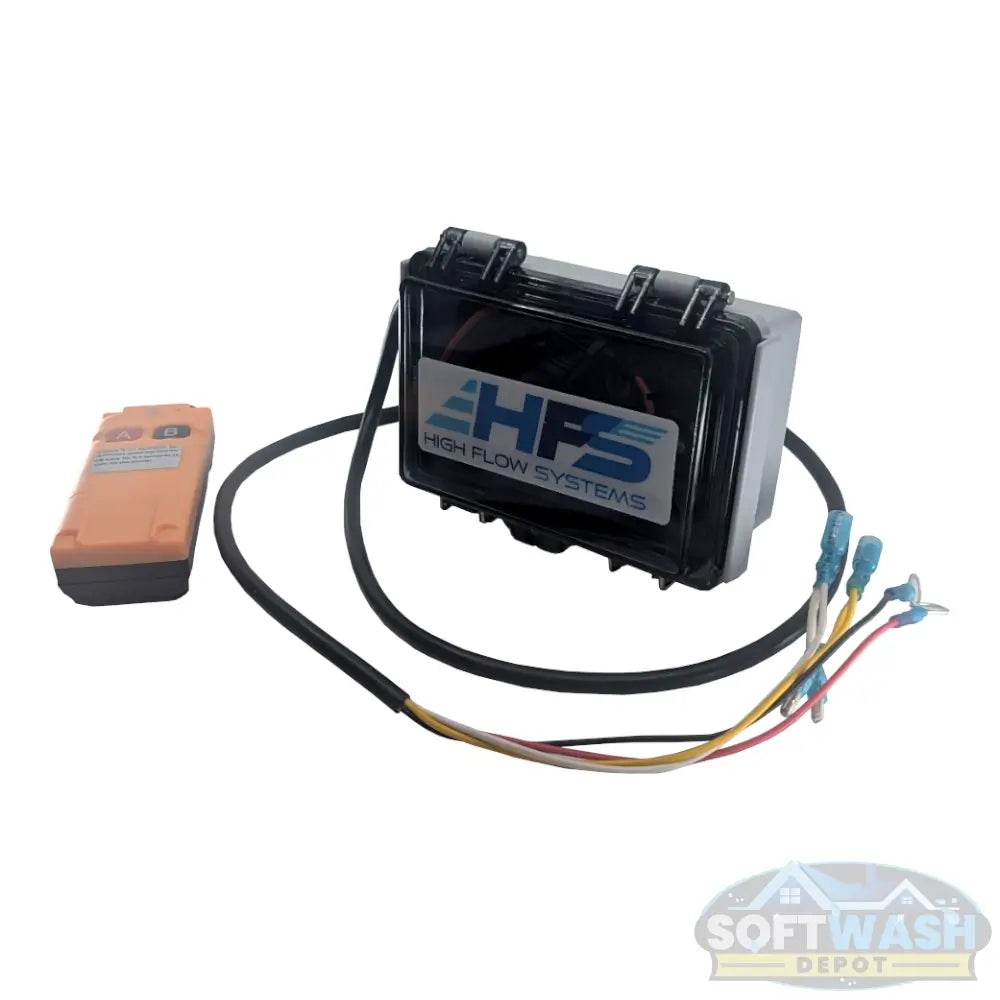 HFS Remote Engine Start/Stop Module with waterproof control box, wireless handheld remote, and color-coded wiring harness for electric-start pressure washer or soft wash engines. - Soft Wash Depot