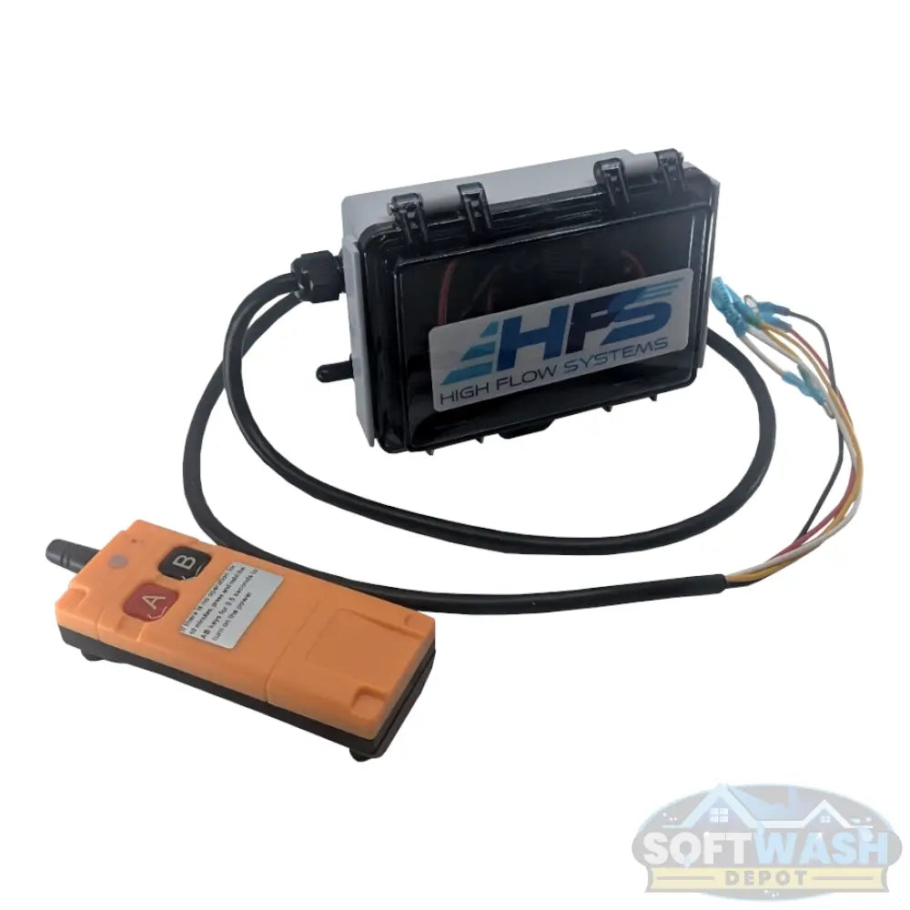 HFS Remote Engine Start/Stop Module with waterproof control box, wireless handheld remote, and color-coded wiring harness for electric-start pressure washer or soft wash engines. - Soft Wash Depot