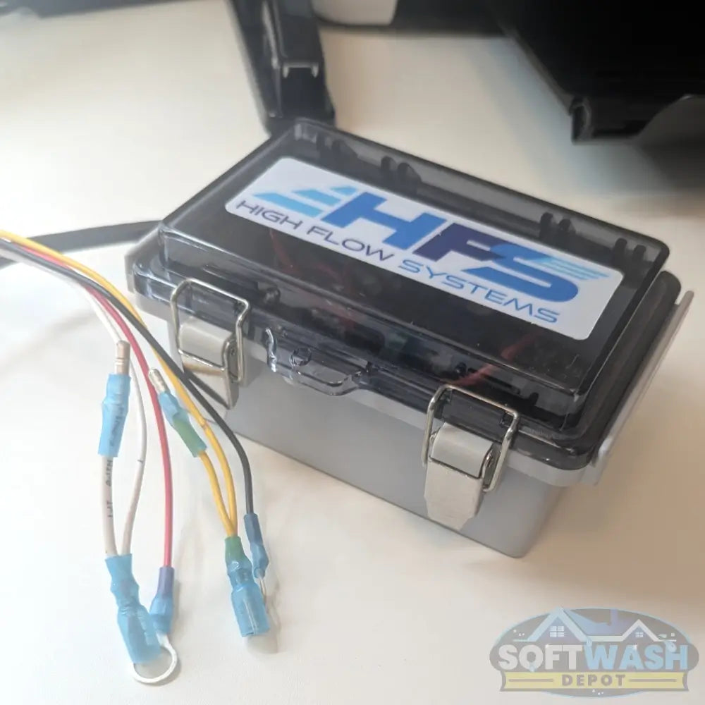 HFS Remote Engine Start/Stop Module with waterproof control box, wireless handheld remote, and color-coded wiring harness for electric-start pressure washer or soft wash engines. - Soft Wash Depot