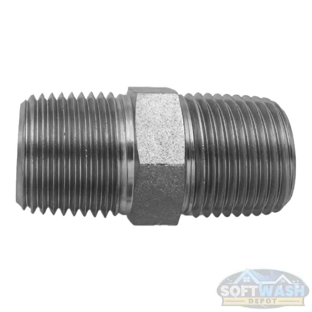 Zinc-plated steel hex nipple with male pipe threads on both ends for plumbing and soft wash system connections - Soft Wash Depot.