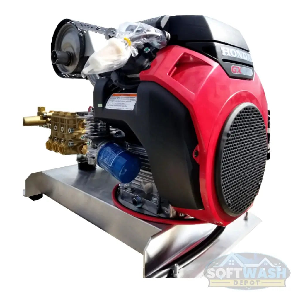 Honda GX690 with General Pump 8GPM @ 3500 PSI SWD Gear Drive - commercial-grade pressure washer engine and pump assembly mounted on stainless steel skid for soft wash and power wash systems - Soft Wash Depot.