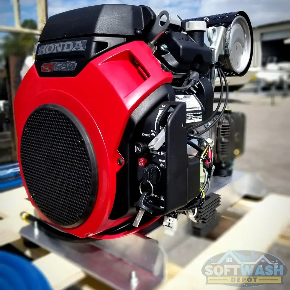 Honda GX690 with General Pump 8GPM @ 3500 PSI SWD Gear Drive - commercial-grade pressure washer engine and pump assembly mounted on stainless steel skid for soft wash and power wash systems - Soft Wash Depot.