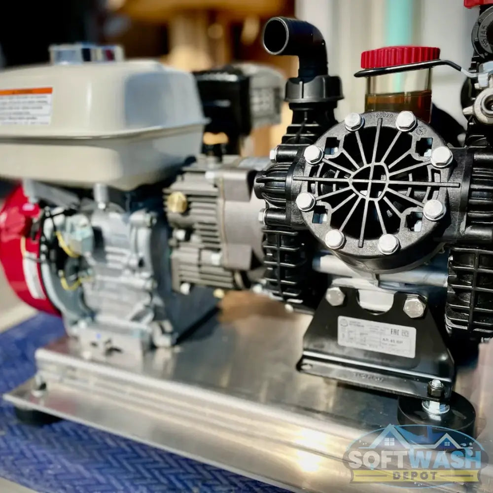 Honda engine with AR45 softwash pump skid system for professional roof and exterior cleaning. - Soft Wash Depot.