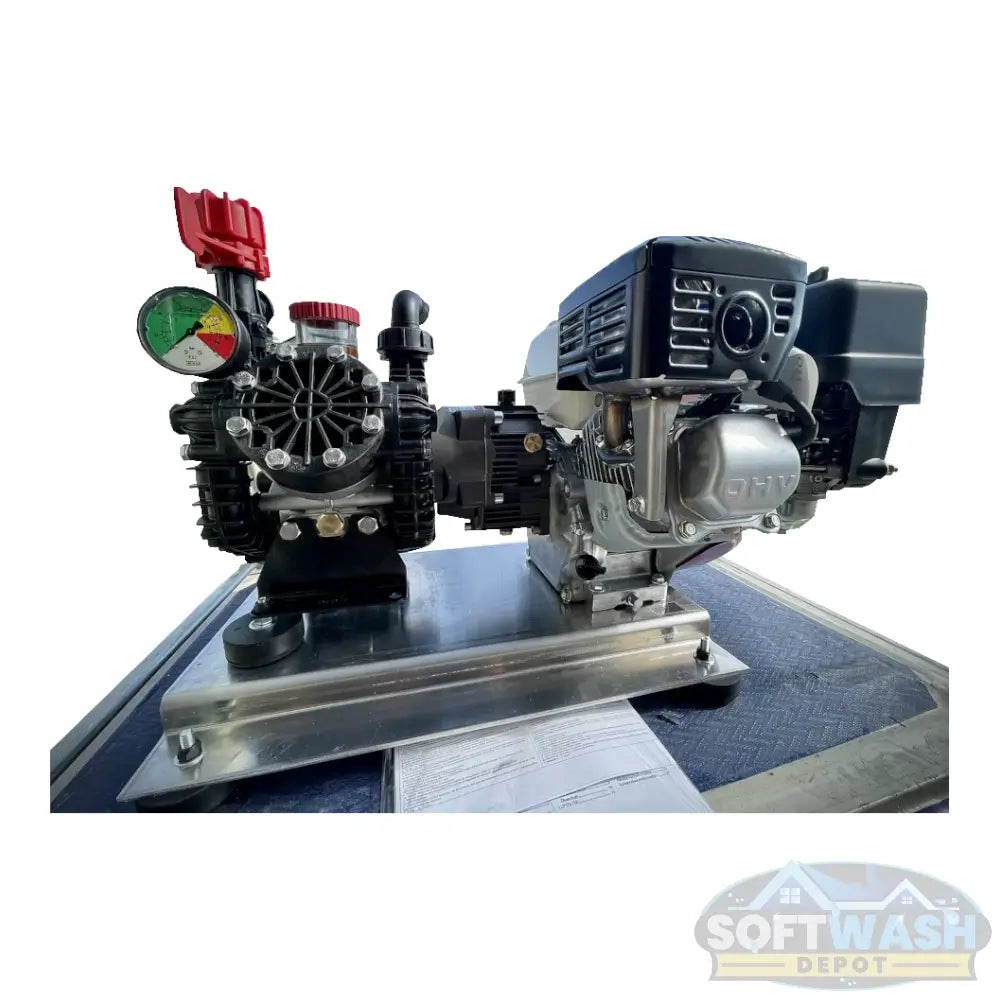 Honda engine with AR45 softwash pump skid system for professional roof and exterior cleaning. - Soft Wash Depot.