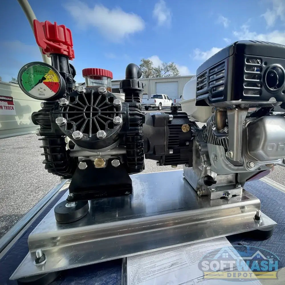 Honda engine with AR45 softwash pump skid system for professional roof and exterior cleaning. - Soft Wash Depot.