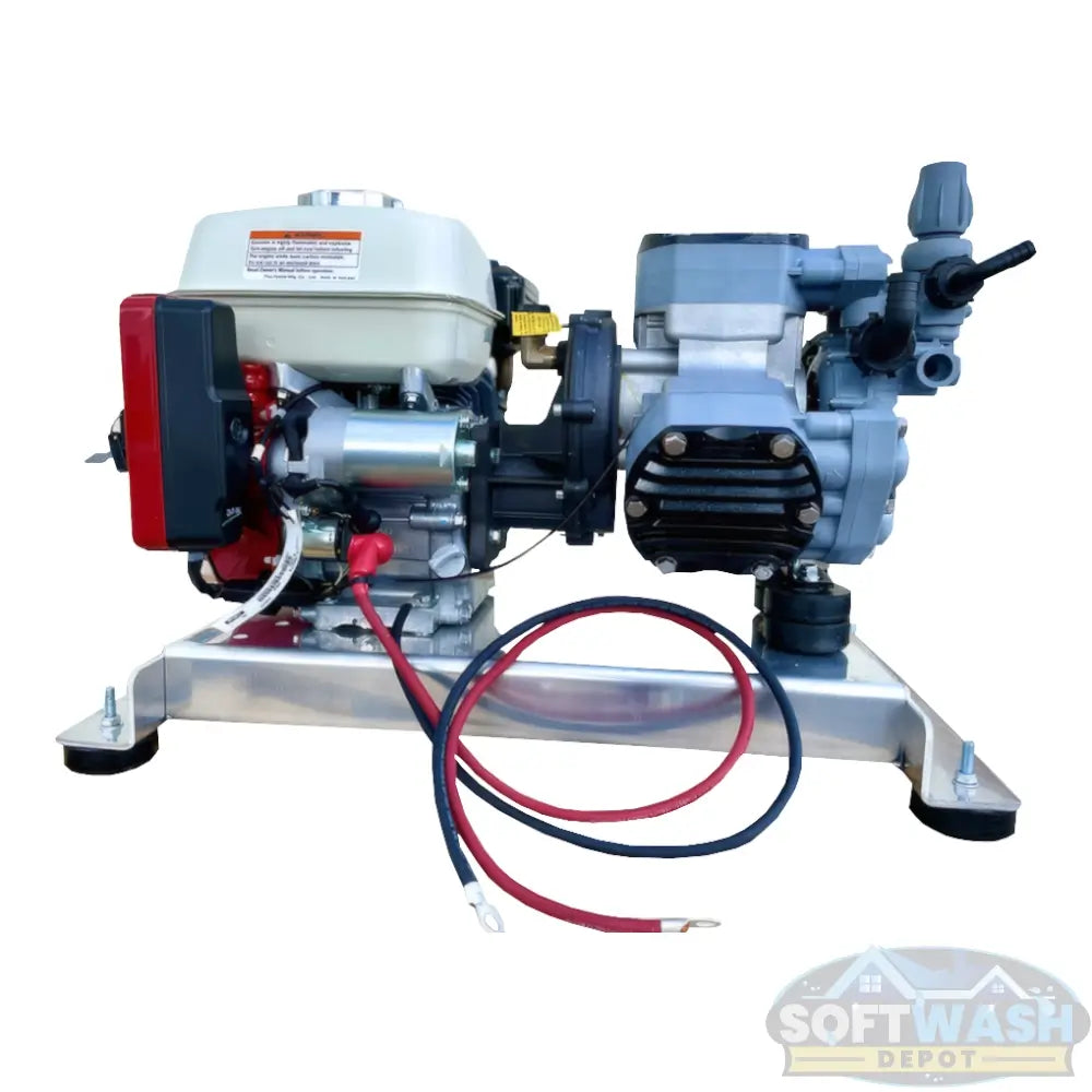 Honda engine with Comet P40 softwash pump system mounted on aluminum base, featuring battery cables and chemical-resistant components - Soft Wash Depot.