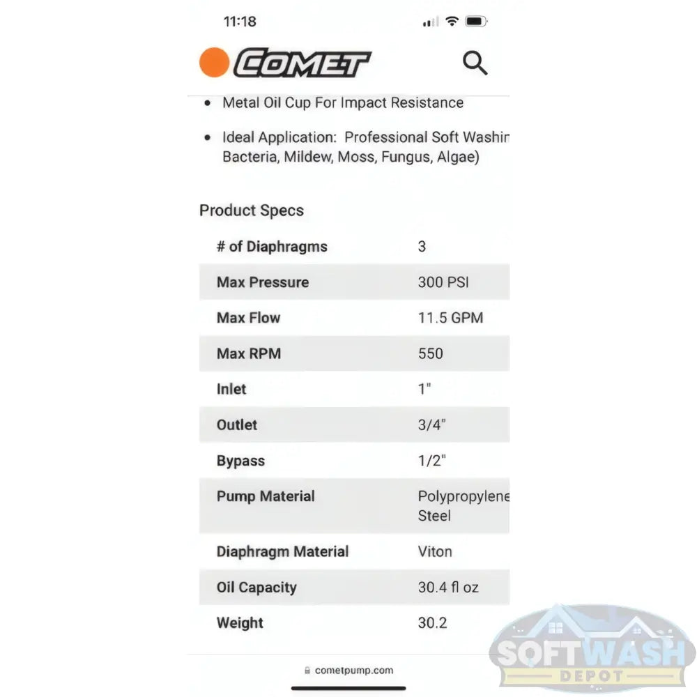 Honda engine with Comet P40 softwash pump system mounted on aluminum base, featuring battery cables and chemical-resistant components - Soft Wash Depot.