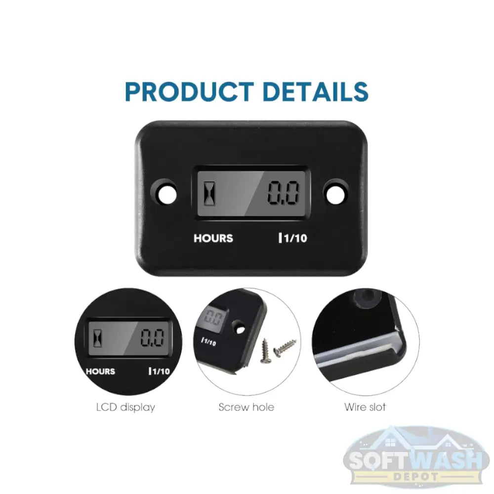 Black inductive digital engine hour meter and tachometer for small engines, featuring LCD display, auto shutdown, waterproof ABS housing, and spark plug wire connection for tracking runtime and RPM on generators, lawn mowers, chainsaws, motorcycles, and other gas-powered equipment. - Soft Wash Depot