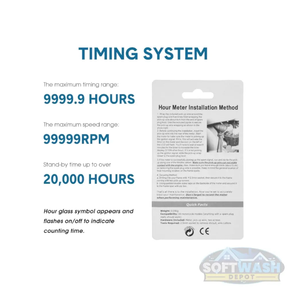 Black inductive digital engine hour meter and tachometer for small engines, featuring LCD display, auto shutdown, waterproof ABS housing, and spark plug wire connection for tracking runtime and RPM on generators, lawn mowers, chainsaws, motorcycles, and other gas-powered equipment. - Soft Wash Depot