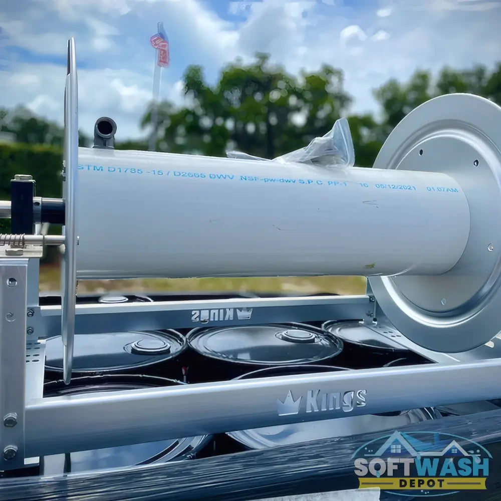 Kings 18-inch aluminum manual hose reel with stainless steel 1/2-inch manifold, full-frame construction, and wide side plates for high-capacity hose storage. - Soft Wash Depot