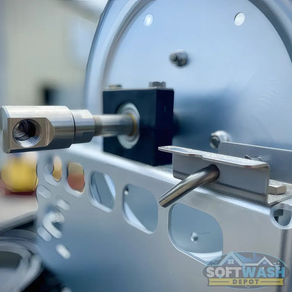 Kings 18-inch aluminum manual hose reel with stainless steel 1/2-inch manifold, full-frame construction, and wide side plates for high-capacity hose storage. - Soft Wash Depot