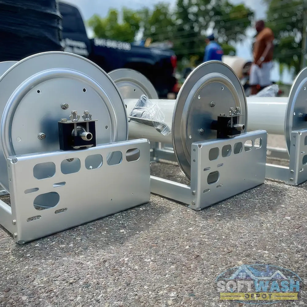 Kings 22-inch aluminum manual hose reel with stainless steel 1/2-inch manifold, heavy-duty frame, and large-capacity spool for professional hose management. - Soft Wash Depot