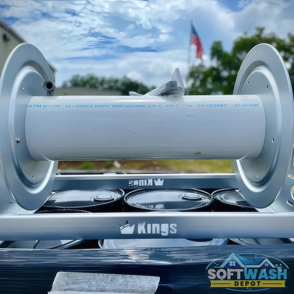 Kings 22-inch aluminum manual hose reel with stainless steel 1/2-inch manifold, heavy-duty frame, and large-capacity spool for professional hose management. - Soft Wash Depot