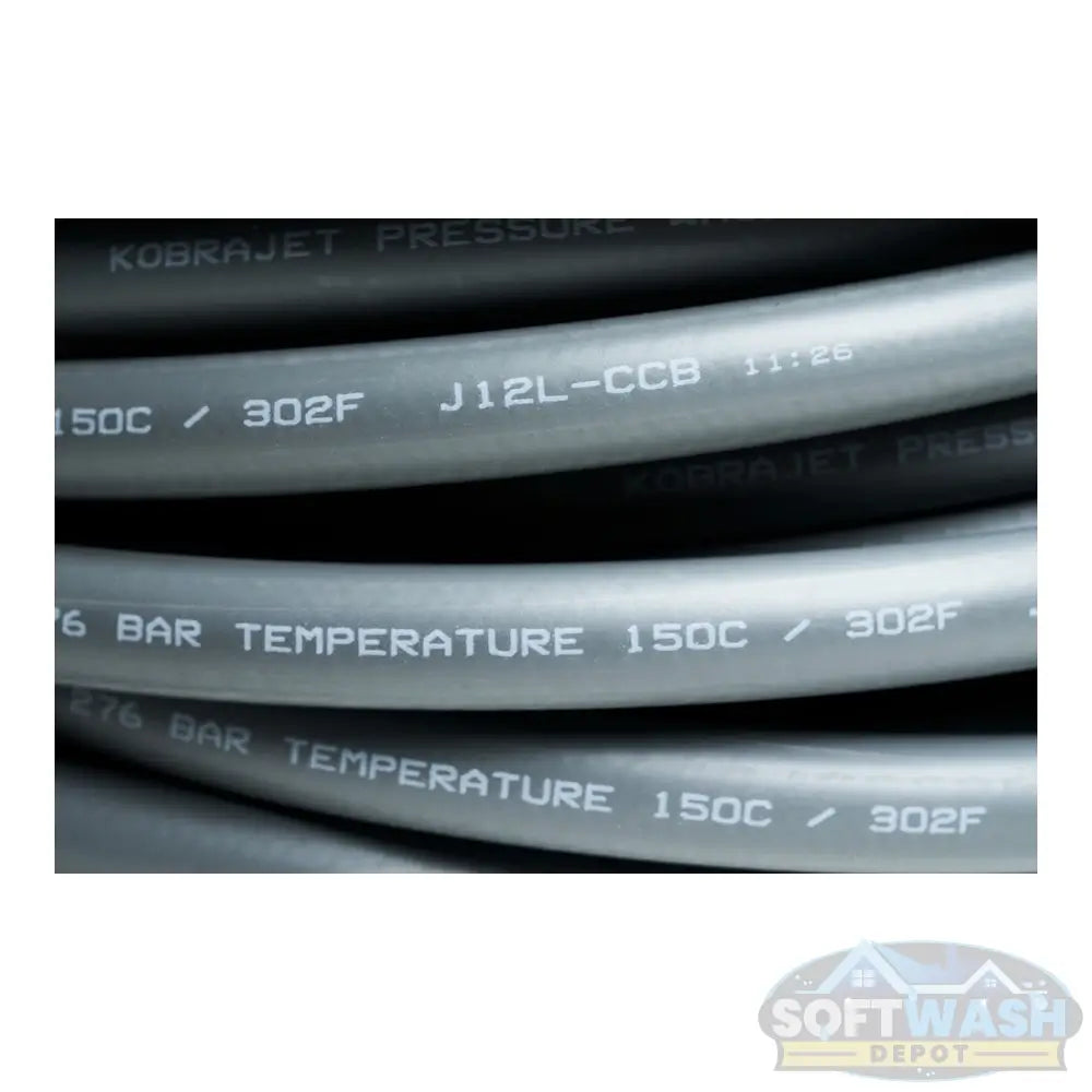 3/8-inch KobraJet gray smooth non-marking single wire pressure washer hose, 100 feet long, rated for 4,300 PSI with 3/8-inch male NPT fittings. - Soft Wash Depot