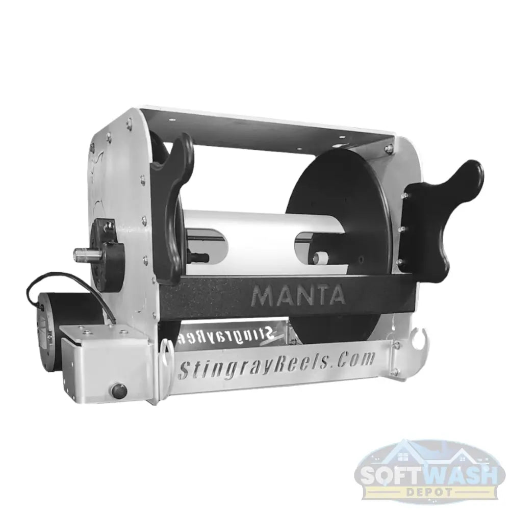 MANTA Electric Hose Reel - 15" Spool with 3/4" Stainless Steel Stingray™ Swivel - heavy-duty powered hose reel with corrosion-resistant aluminum frame, ideal for soft wash, pressure wash, and chemical systems - Soft Wash Depot.