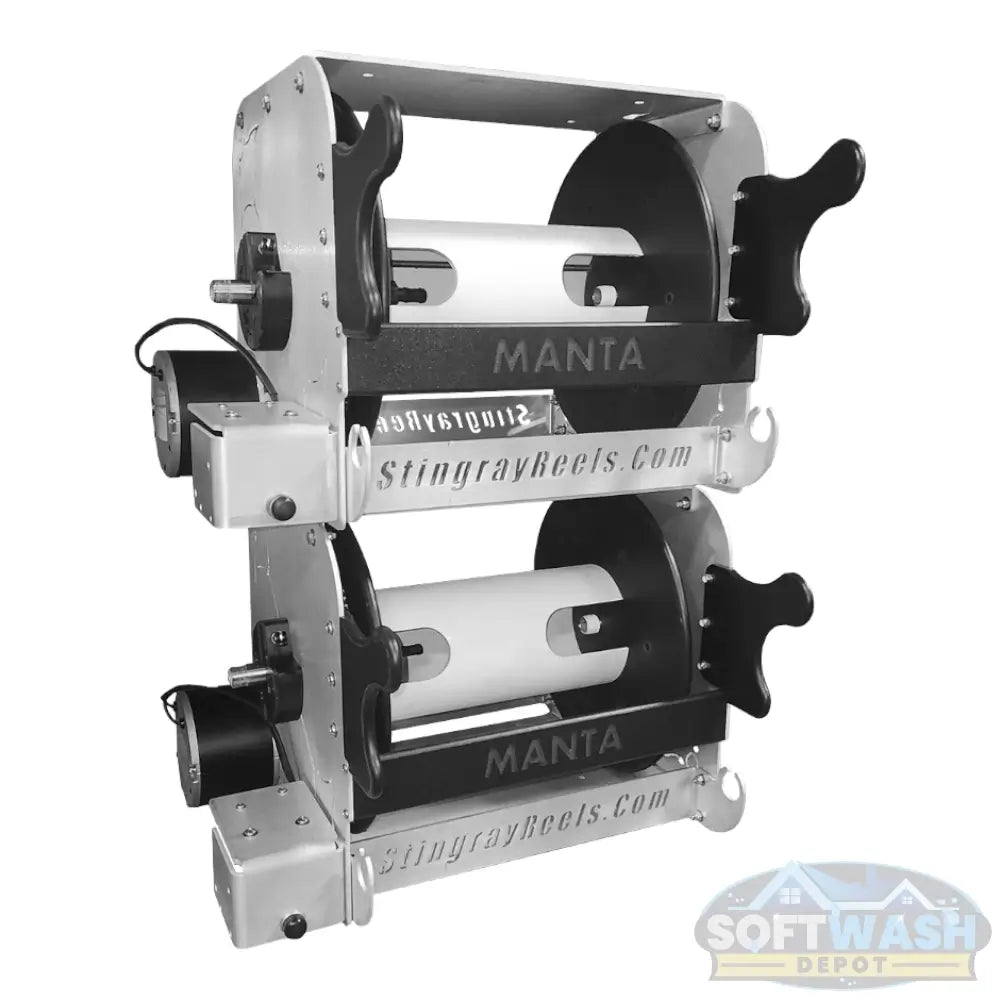 MANTA Electric Hose Reel - 15" Spool with 3/4" Stainless Steel Stingray™ Swivel - heavy-duty powered hose reel with corrosion-resistant aluminum frame, ideal for soft wash, pressure wash, and chemical systems - Soft Wash Depot.