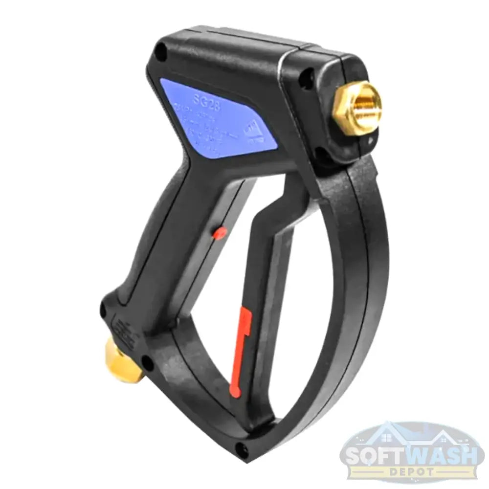 MTM Hydro SG28 Easy Hold pressure washer spray gun with ergonomic grip and reinforced shockproof body, 3/8" inlet and 1/4" outlet, rated up to 4000 PSI, 12 GPM, and 320°F for professional cleaning applications. - Soft Wash Depot