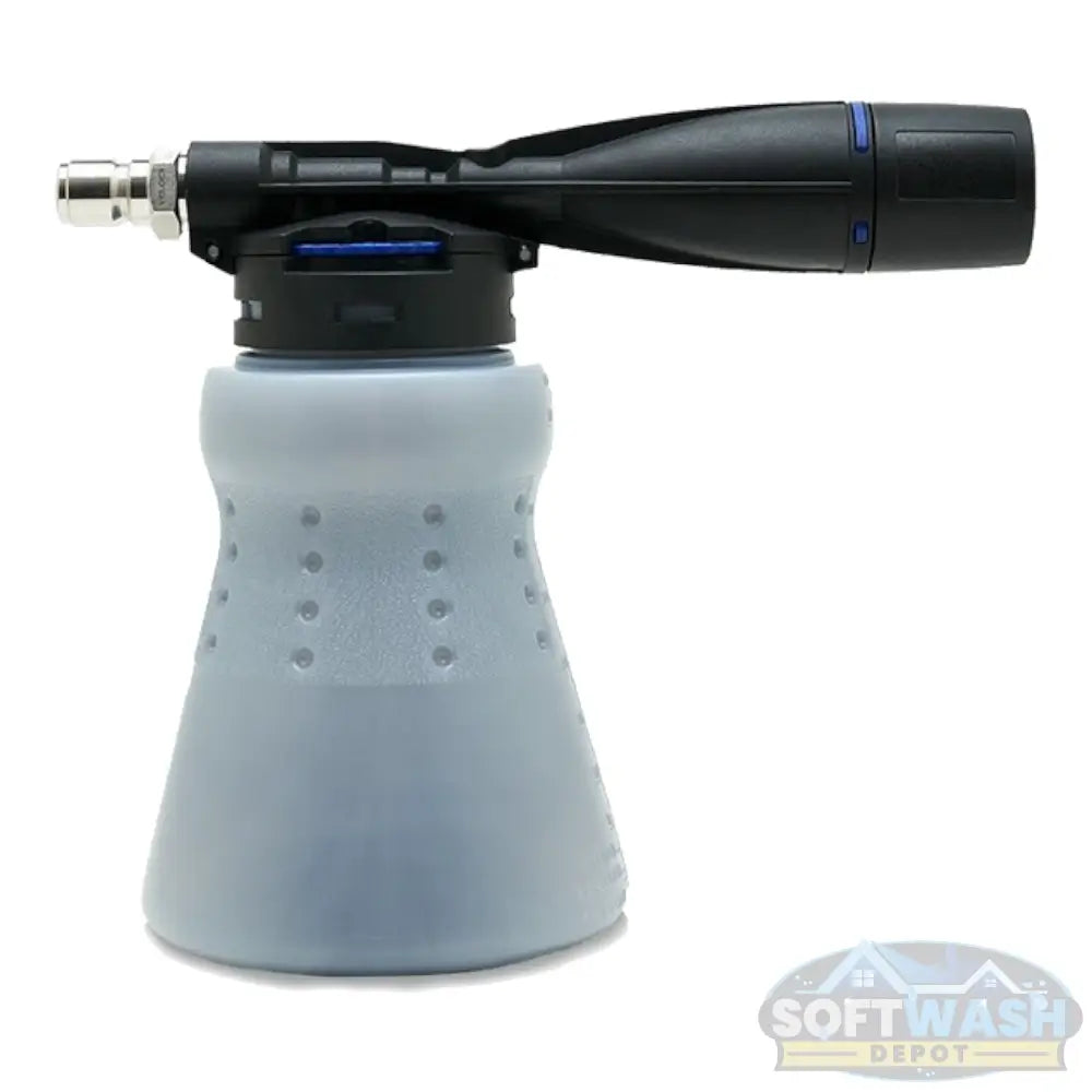 MTM Hydro GHF1 low pressure foam cannon with stainless steel garden hose quick connect coupler, plug, and 1 liter wide mouth bottle for creating foam without a pressure washer. - Soft Wash Depot