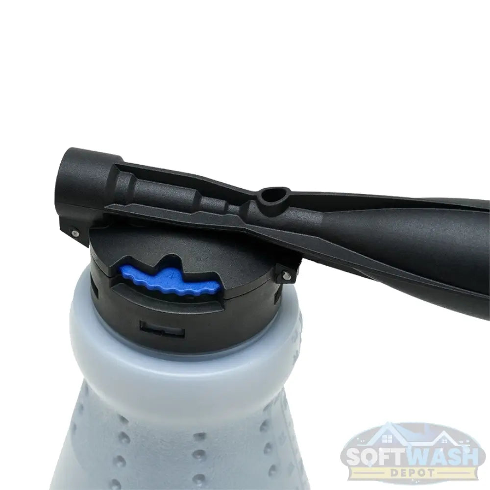 MTM Hydro GHF1 low pressure foam cannon with stainless steel garden hose quick connect coupler, plug, and 1 liter wide mouth bottle for creating foam without a pressure washer. - Soft Wash Depot