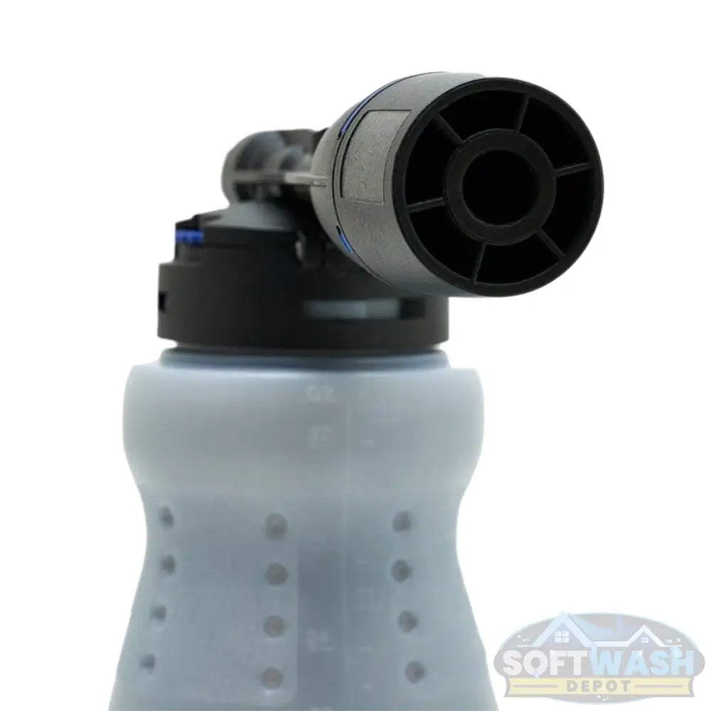 MTM Hydro GHF1 low pressure foam cannon with stainless steel garden hose quick connect coupler, plug, and 1 liter wide mouth bottle for creating foam without a pressure washer. - Soft Wash Depot