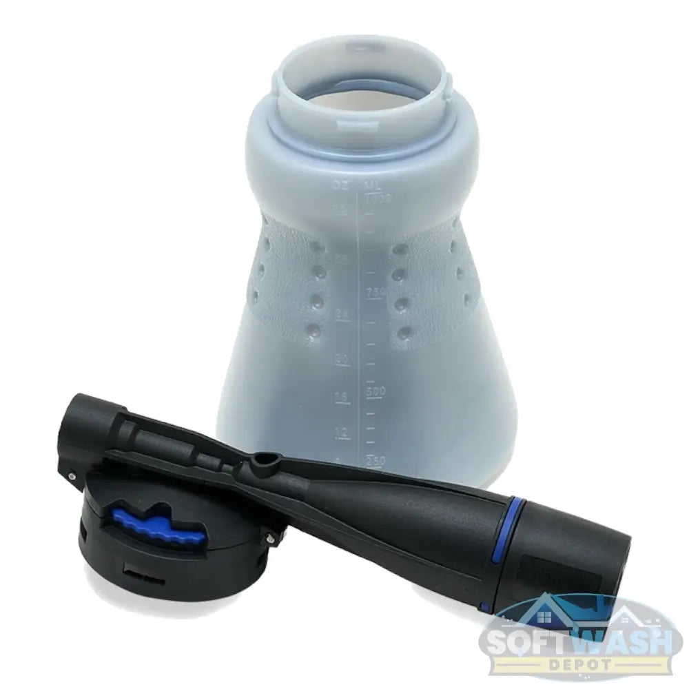 MTM Hydro GHF1 low pressure foam cannon with stainless steel garden hose quick connect coupler, plug, and 1 liter wide mouth bottle for creating foam without a pressure washer. - Soft Wash Depot