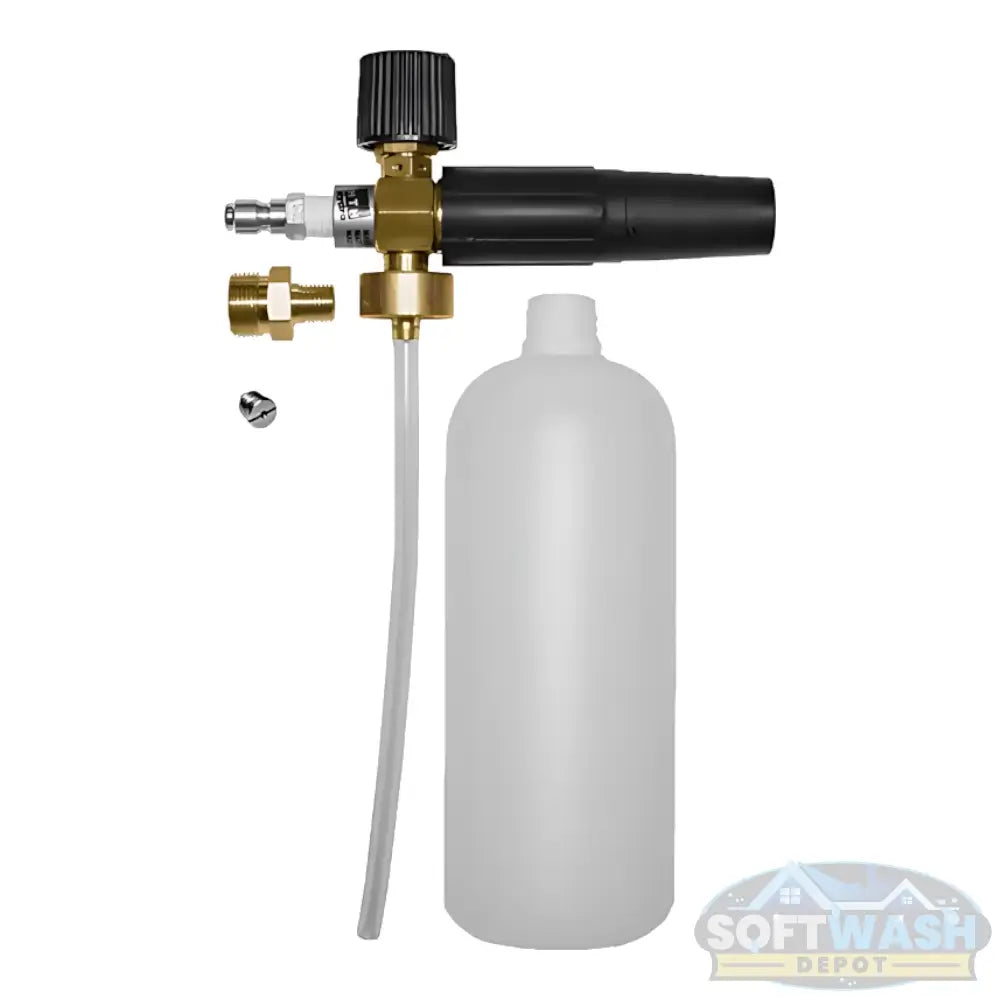 MTM Hydro Original Foam Cannon with adjustable spray pattern and detergent bottle, premium foaming soap applicator for pressure washers. - Soft Wash Depot