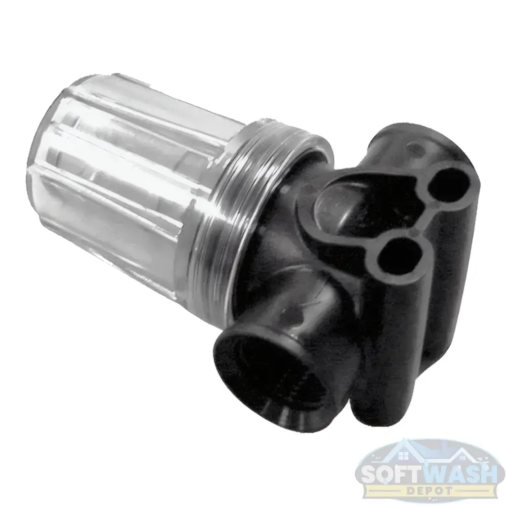 MTM Hydro inline water filter with clear housing and dual 1/2" and 3/4" ports for protecting pressure washers and soft wash pumps from debris - Soft Wash Depot.