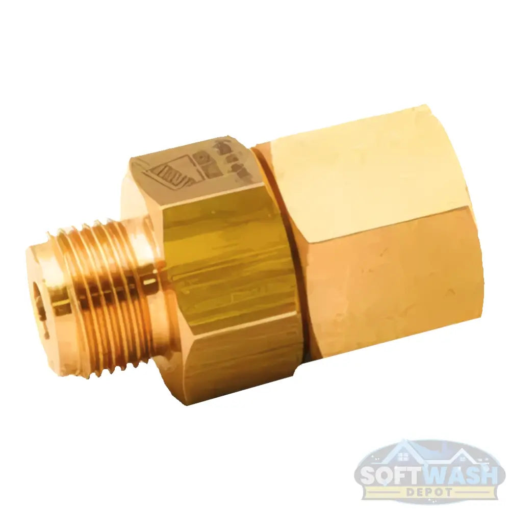 MTM Hydro AG Live 3/8-inch brass swivel fitting with male and female threaded ends, designed for high-pressure hose and spray gun rotation, Made in Italy - Soft Wash Depot.