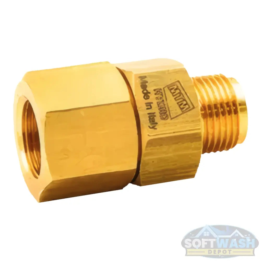 MTM Hydro AG Live 3/8-inch brass swivel fitting with male and female threaded ends, designed for high-pressure hose and spray gun rotation, Made in Italy - Soft Wash Depot.