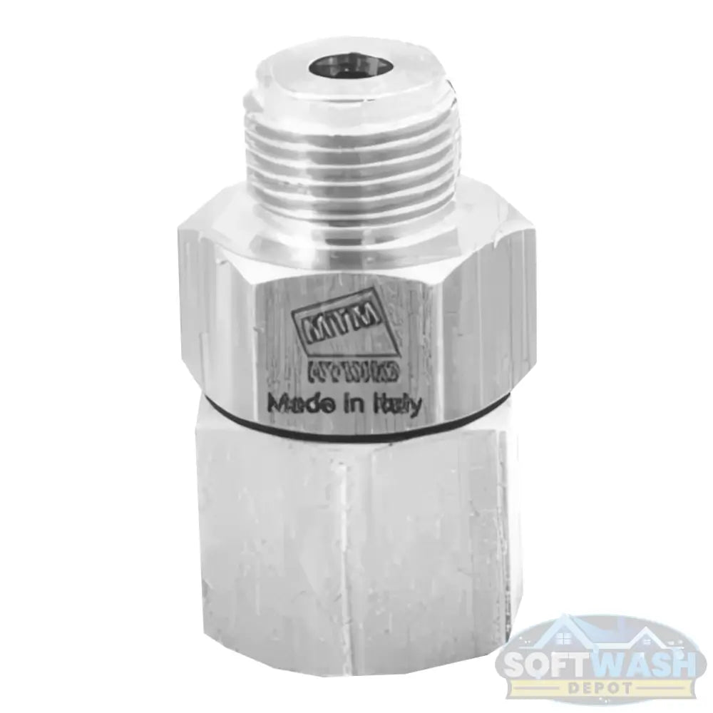 MTM Hydro AG Live 3/8-inch stainless steel swivel with male and female threaded ends, corrosion-resistant design for pressure washing hose and gun rotation, Made in Italy - Soft Wash Depot.