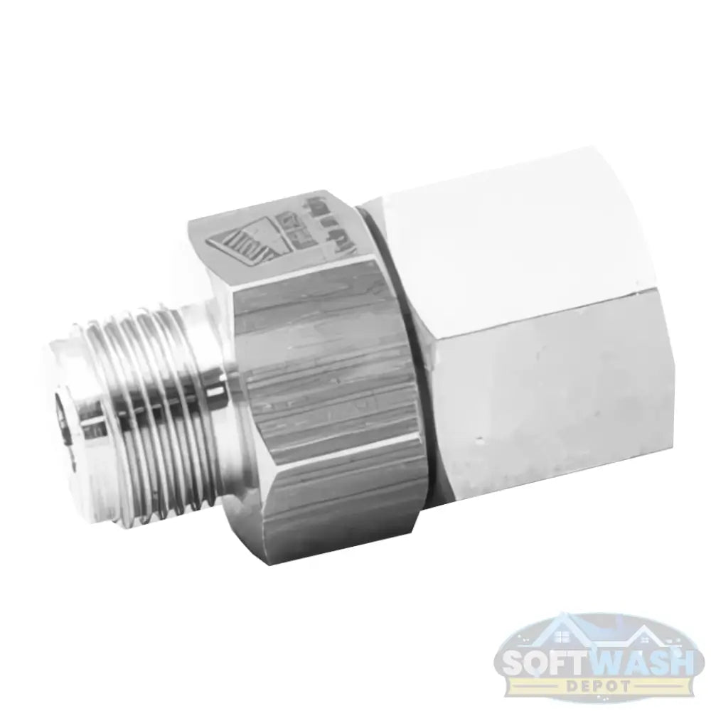 MTM Hydro AG Live 3/8-inch stainless steel swivel with male and female threaded ends, corrosion-resistant design for pressure washing hose and gun rotation, Made in Italy - Soft Wash Depot.