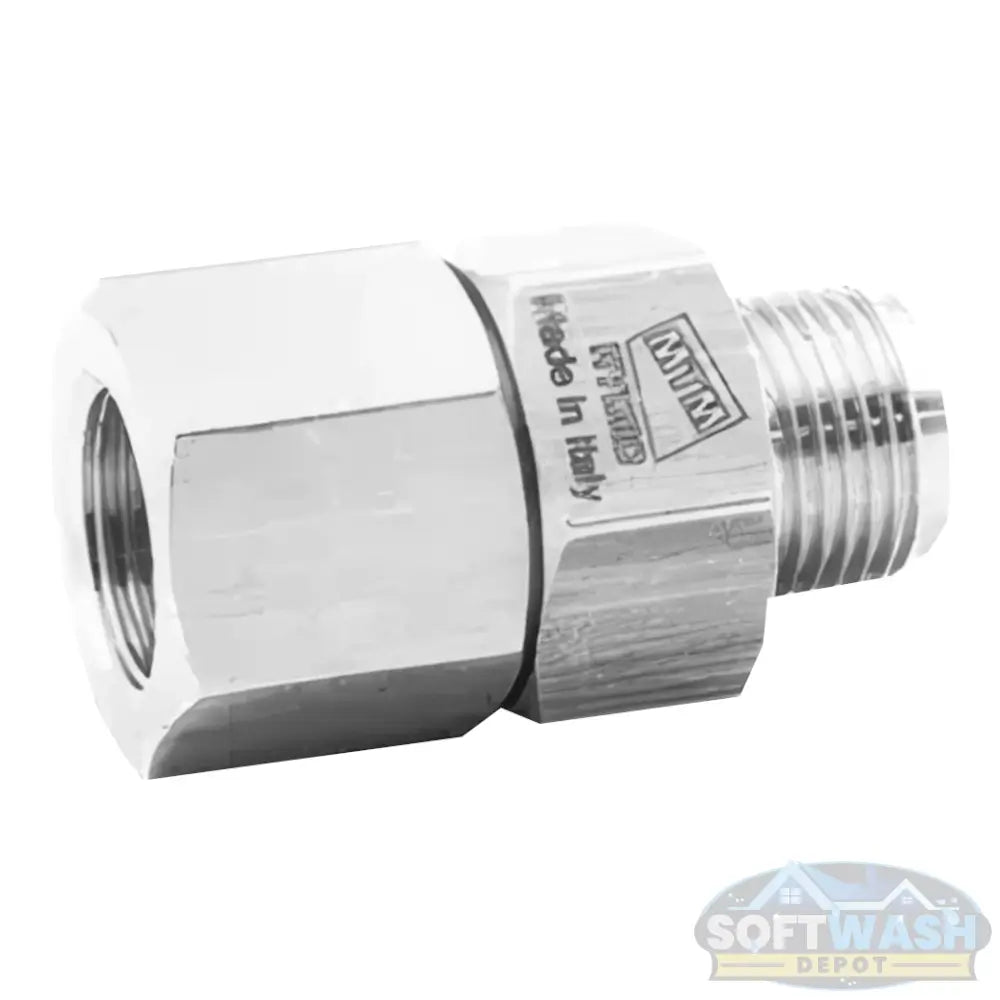 MTM Hydro AG Live 3/8-inch stainless steel swivel with male and female threaded ends, corrosion-resistant design for pressure washing hose and gun rotation, Made in Italy - Soft Wash Depot.