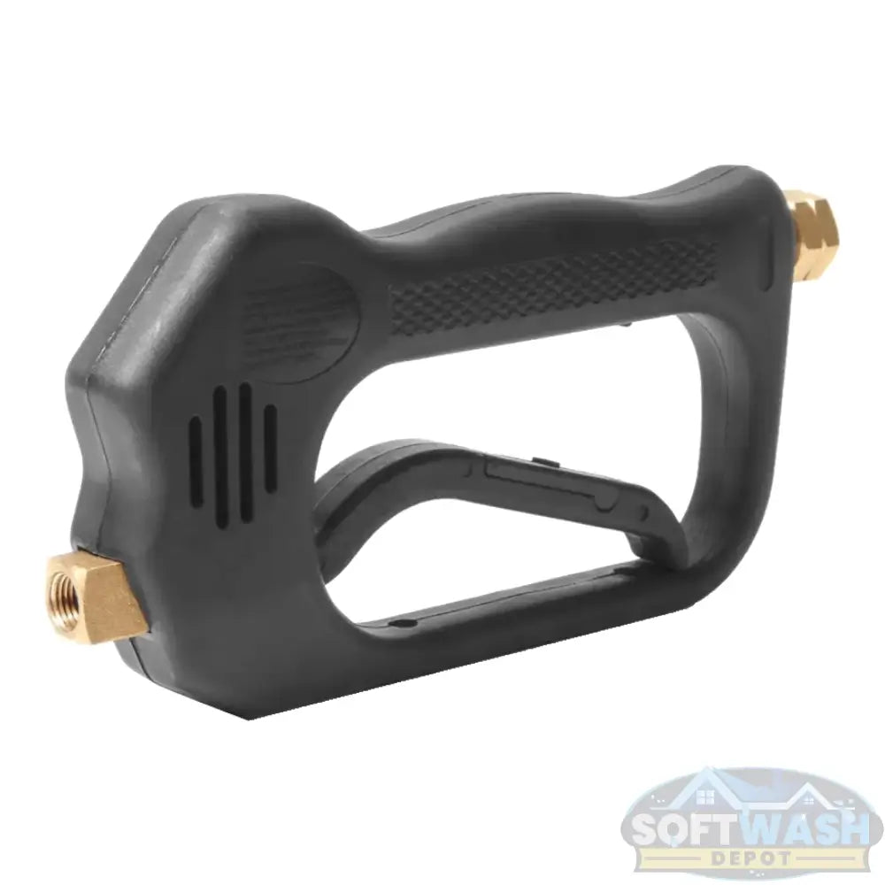 MTM Hydro inline spray gun with ergonomic grip and brass fittings for pressure washing and soft washing equipment. - Soft Wash Depot