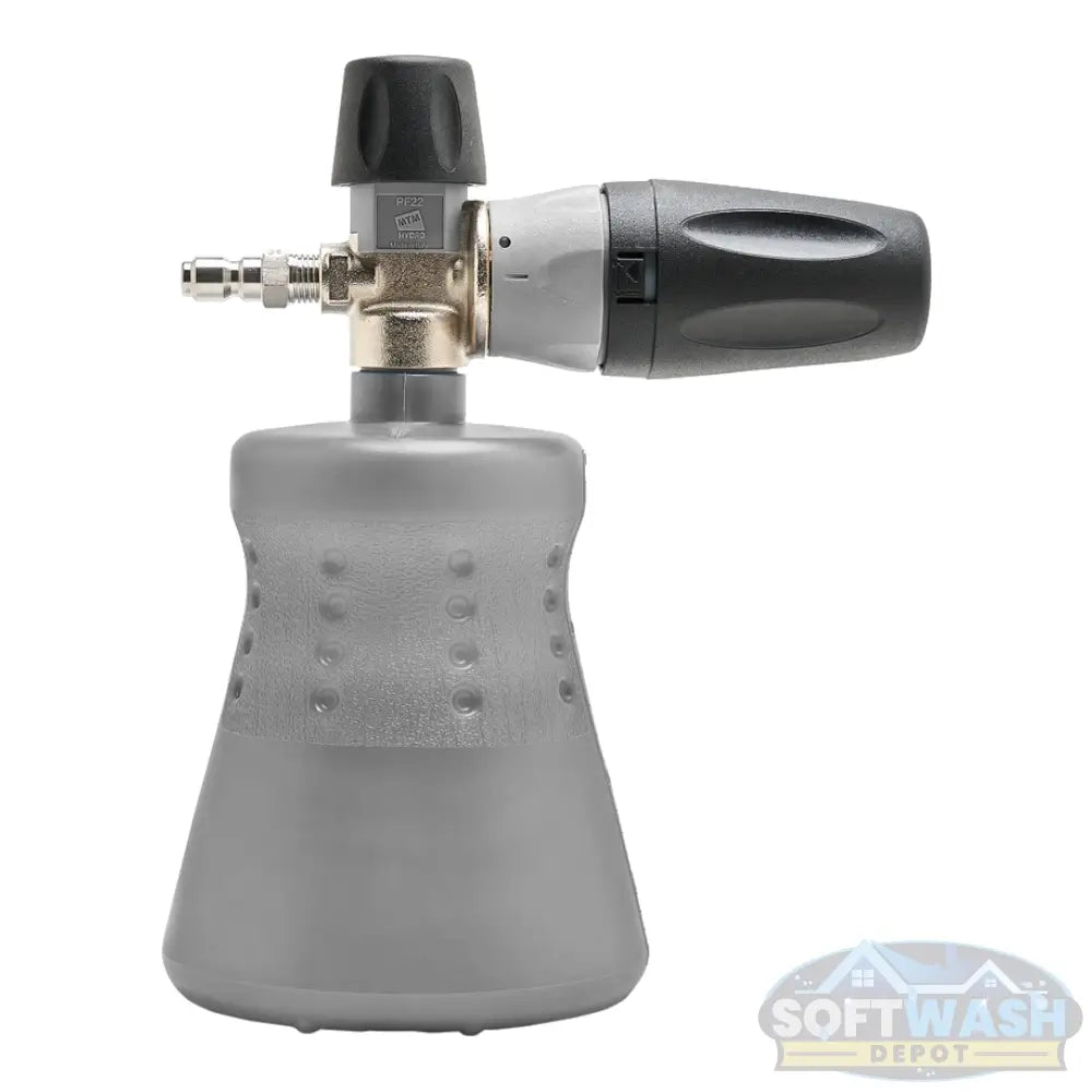 MTM Hydro PF22.2 professional foam cannon with ergonomic wide-mouth bottle, adjustable spray pattern, and precision brass fittings for thick foam cleaning - Soft Wash Depot.