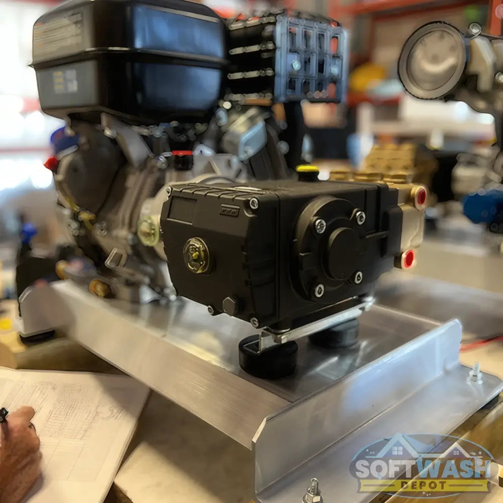 Manatee gear-drive 5.5 GPM 3000 PSI pressure washer with CRX420 engine and General Pump mounted on aluminum skid. - Soft Wash Depot