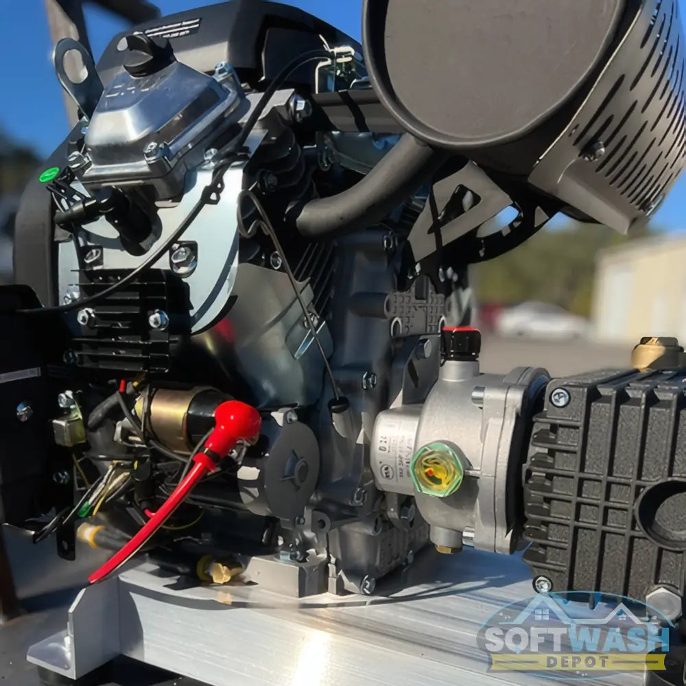 Manatee gear-drive pressure washer system featuring a CRX 680cc engine and General Pump mounted on aluminum skid. - Soft Wash Depot.