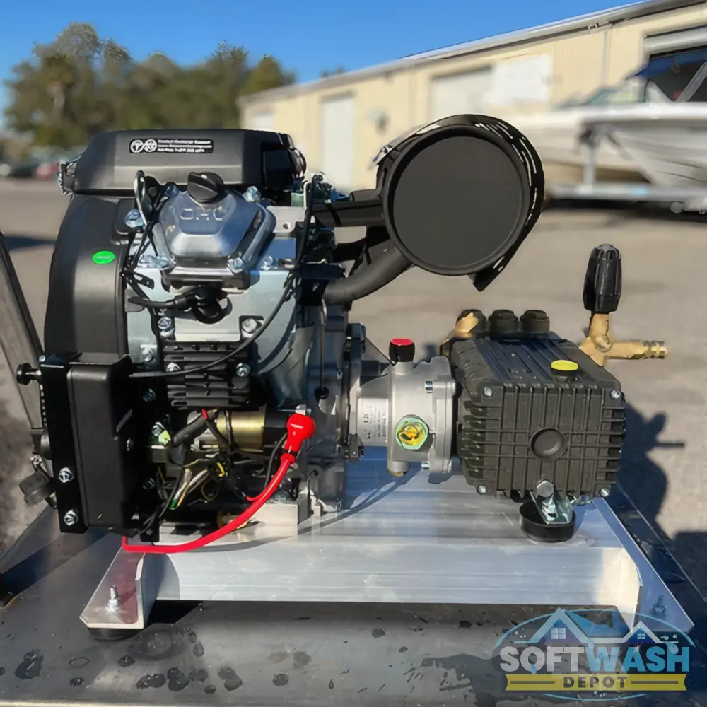 Manatee gear-drive pressure washer system featuring a CRX 680cc engine and General Pump mounted on aluminum skid. - Soft Wash Depot.