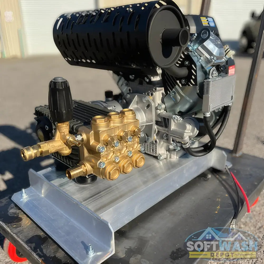 Manatee gear-drive pressure washer system featuring a CRX 680cc engine and General Pump mounted on aluminum skid. - Soft Wash Depot.
