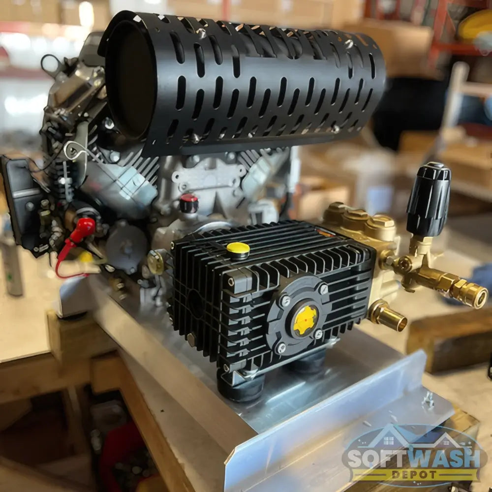Manatee gear-drive pressure washer system featuring a CRX 680cc engine and General Pump mounted on aluminum skid. - Soft Wash Depot.