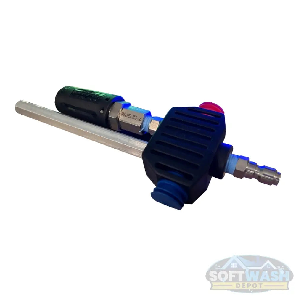Mezzo 2-Way Valve with Stainless Steel SWD Twist and Davis Shooter Tip - dual-function soft wash and pressure washing valve with quick-connect fittings and ergonomic grip - includes precision stainless steel shooter tip for high reach rinsing - Soft Wash Depot product photo.