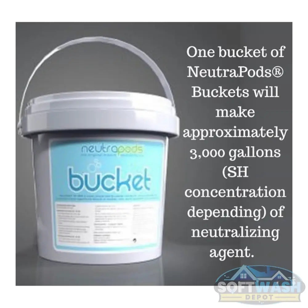 Neutrapods neutralizing powder bucket with handle, featuring blue product label on a white 6 lb container. - Soft Wash Depot