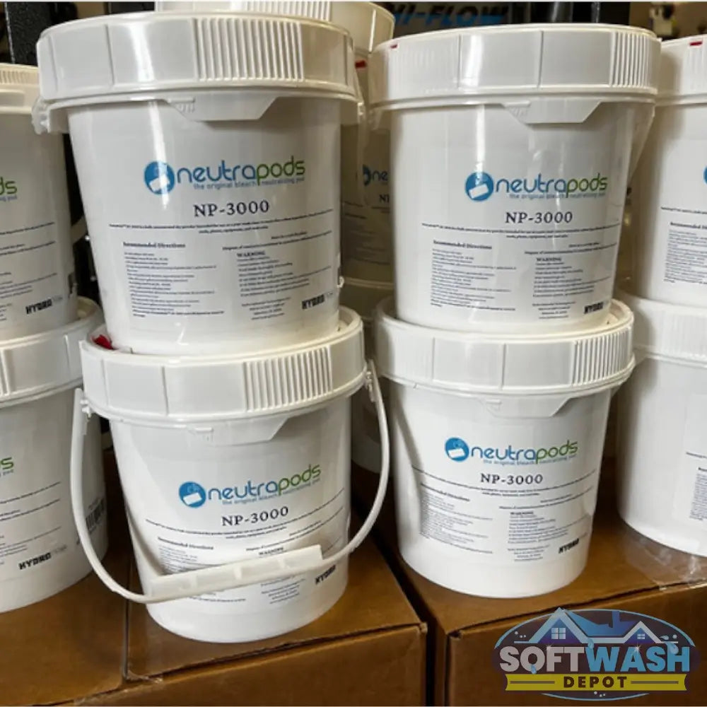 Neutrapods neutralizing powder bucket with handle, featuring blue product label on a white 6 lb container. - Soft Wash Depot