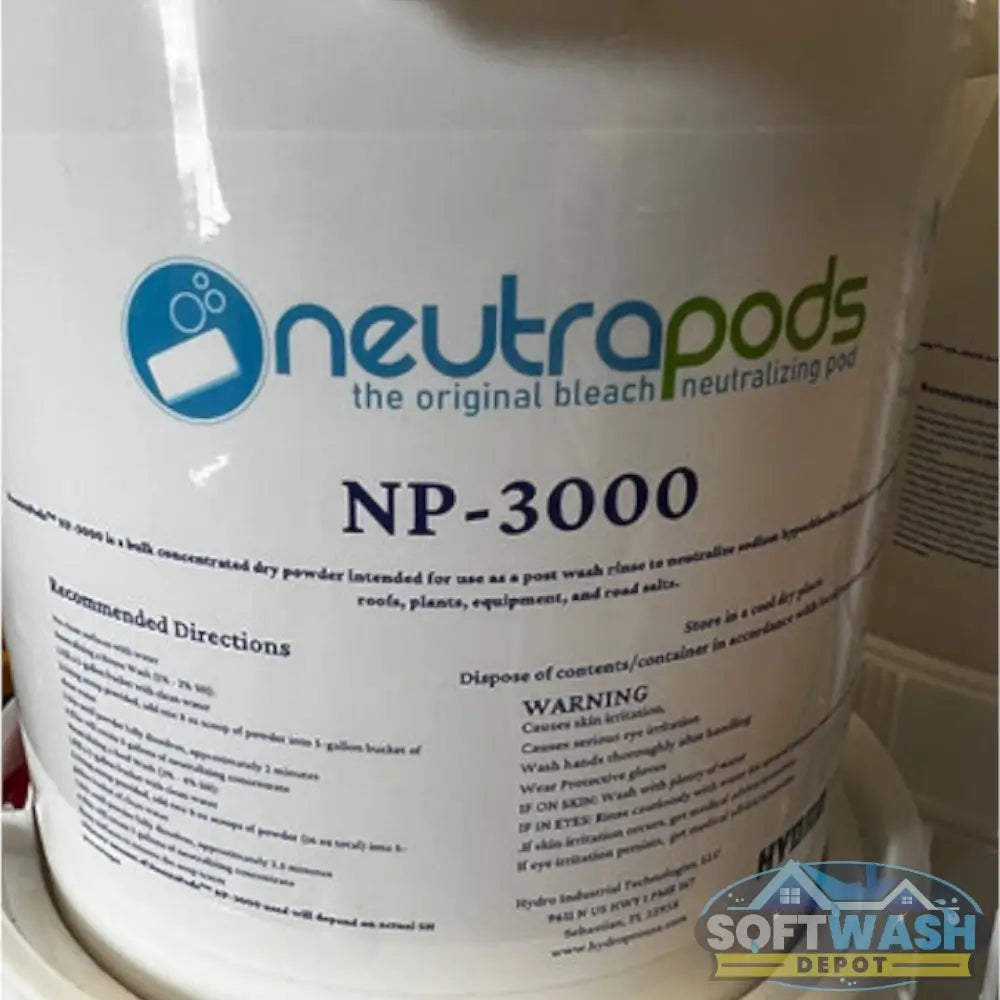 Neutrapods neutralizing powder bucket with handle, featuring blue product label on a white 6 lb container. - Soft Wash Depot